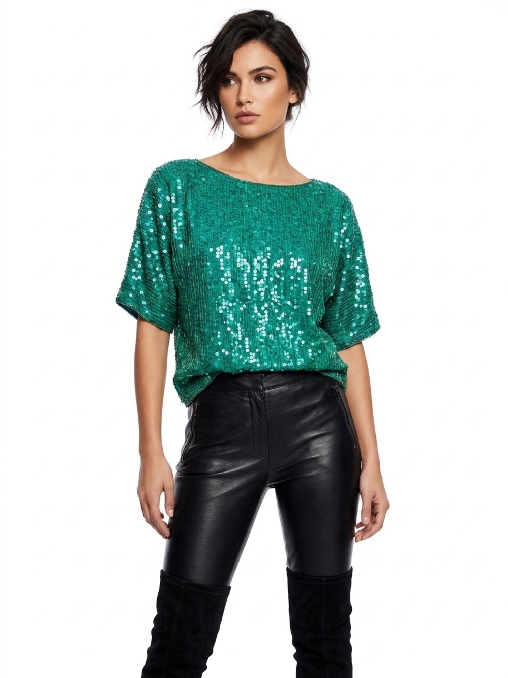 Vintage Gunit Fasions NY Green Sequin Silk Blouse Top Size Medium